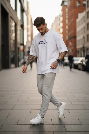 Tricou barbati alb, cu imprimeu pe spate, oversize 11819 O1-3.3